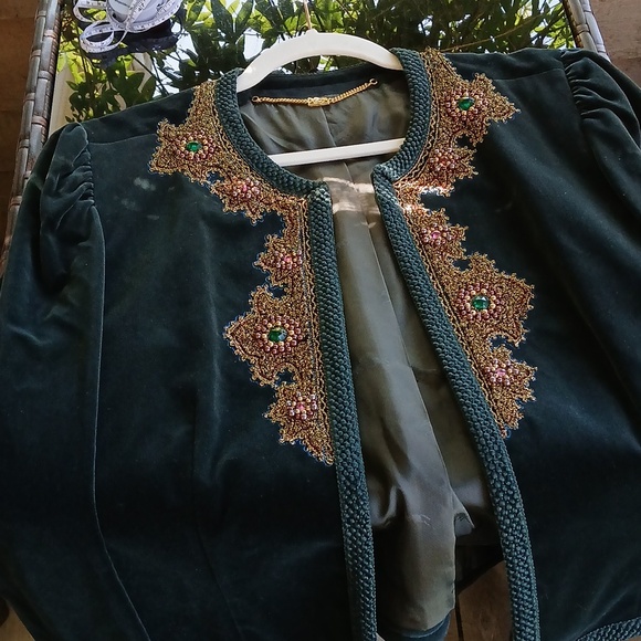 VTG Luxury Velvet Blazer Jacket Dark Forest Green Beaded Embroidered Exquisite M - Picture 3 of 15